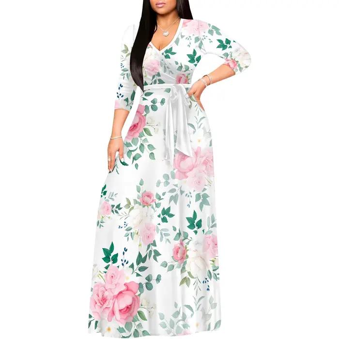 Robe longue d'été tendance pour femmes, col en V, manches 3/4, tenue de voyage et de vacances avec c