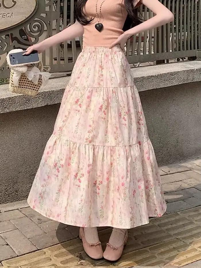 Zoki mignon jupes longues à fleurs femmes élégant taille haute rétro jupe douce japon décontracté am