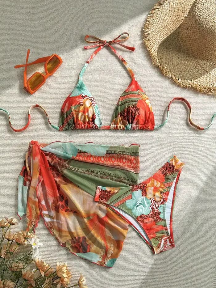 Sexy jupe 3 pièces Bikinis ensembles 2026 femmes Orange Floral tigre imprimé Push Up taille haute ma