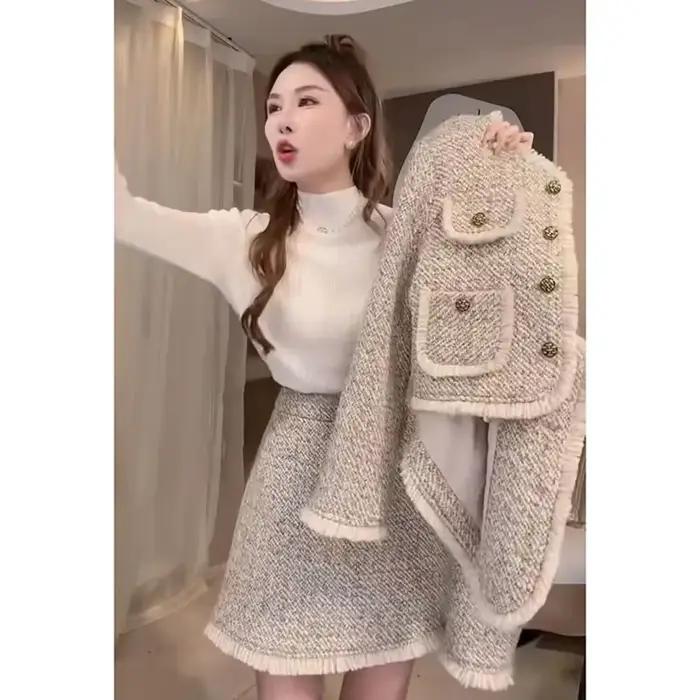 Veste en tweed à manches longues et mini jupe taille haute pour femmes, ensembles de jupe deux pièce