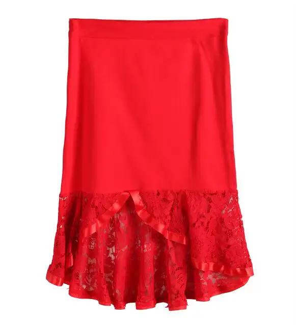 Nouvelle jupe longue en dentelle de style européen et américain, jupe sirène rouge sexy à volants él