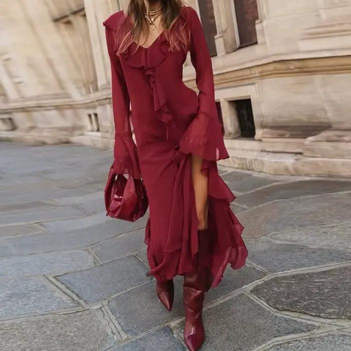 Robe d'automne pour femmes, manches longues, col en V, ourlet fendu, garniture en dentelle florale, 