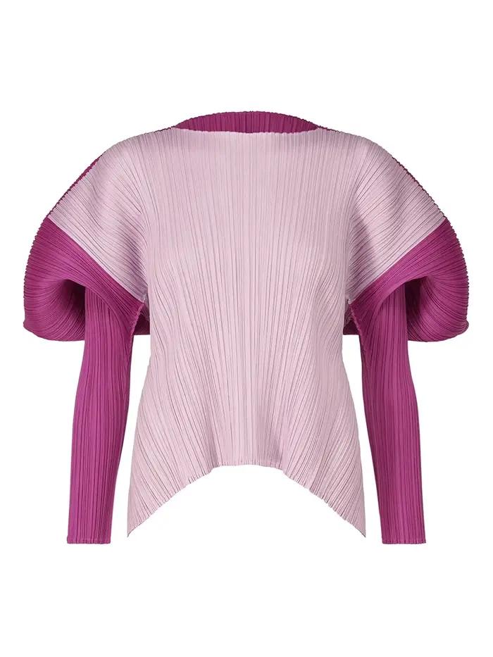 Fold Miyake plissé col rond manches longues femmes formes carrées combinaisons de couleurs haut ampl