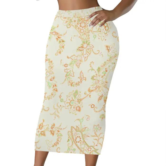 Jupe crayon à imprimé floral, jupe midi à motif de feuilles rouges, jupe moulante taille haute pour 