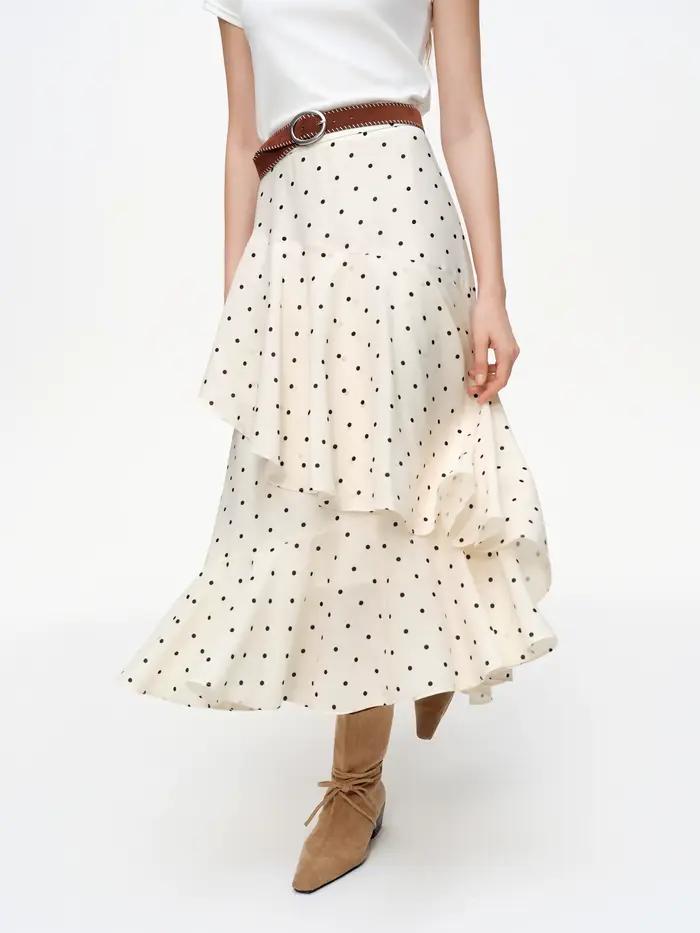 DUSHU 【Valse à pois】Jupe midi à ourlet irrégulier à volants pour femme, collection de jupes printemp