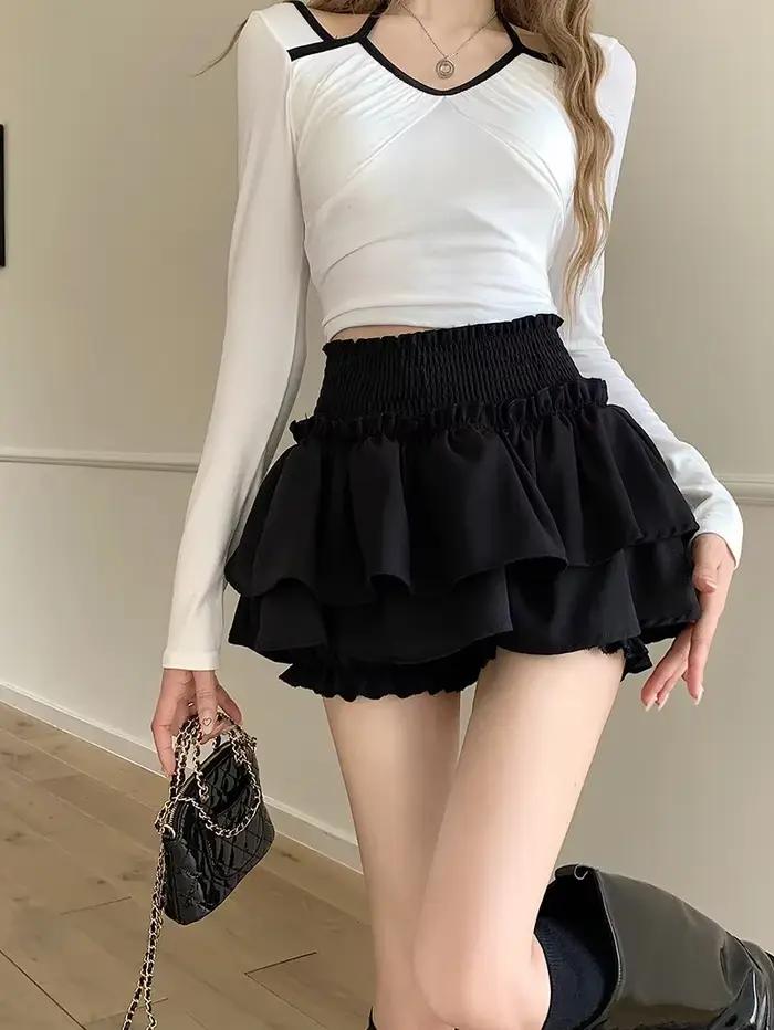 Jupe noire à volants pour femme, taille haute, amincissante, coupe trapèze, minimaliste, d'été, styl