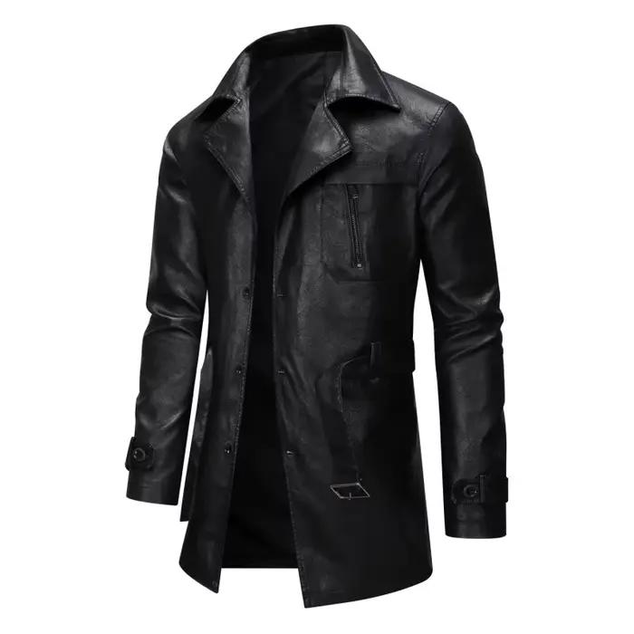 Cool à la mode mi à longue longueur veste en cuir hommes coupe ajustée Double boutonnage en cuir cou