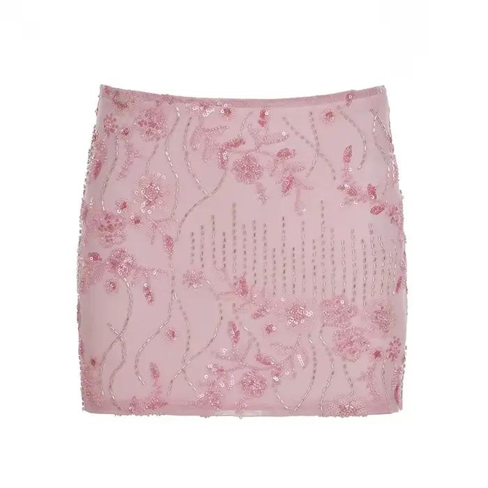 Jupe courte en maille à paillettes et perles pour femmes, jupe douce et épicée