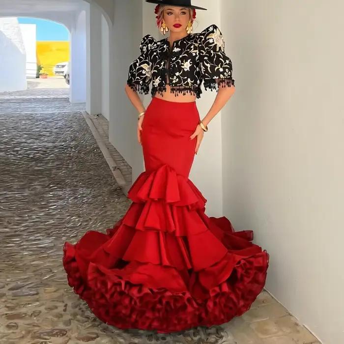 Jupe de flamenco noire pour femme, taille haute, à volants, style sirène, longue, pour danse espagno