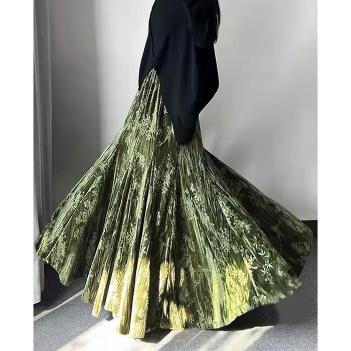 MEXZT Vintage velours jupe longue femmes élégant imprimé noir Maxi jupes hiver Harajuku coréen élast