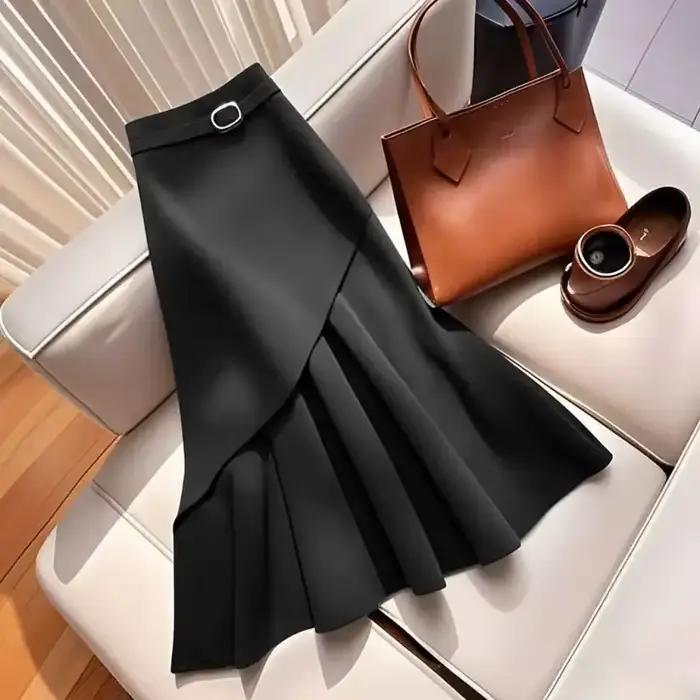 Jupe midi pour femme, taille haute, asymétrique, plissée, ourlet queue de poisson