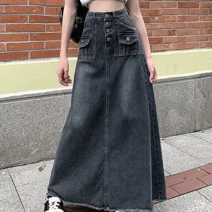 Biyaby-Jupe longue en denim à simple boutonnage pour femmes, jupes taille haute pour dames, longueur