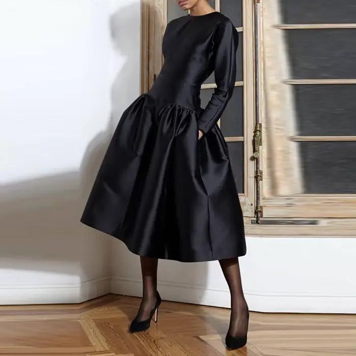Robe longue noire Simple pour femmes, tenue de soirée, mi-longue, manches longues, élégante, ligne a