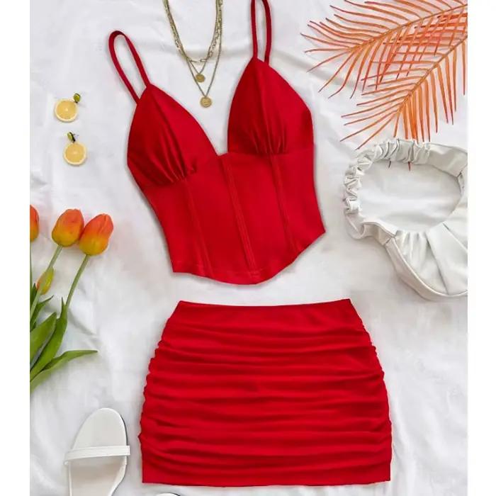 Ensemble jupe pour femme – Nouveauté été – Bretelles spaghetti – Col en V – Coupe ajustée – Mini-jup