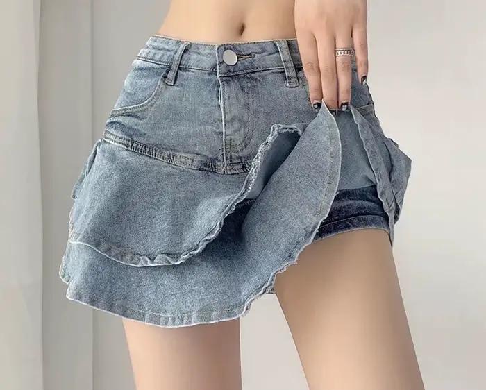 Spice Girls jupe en jean anti-dérapant Double jupe en jean femme extensible taille haute minceur a-l