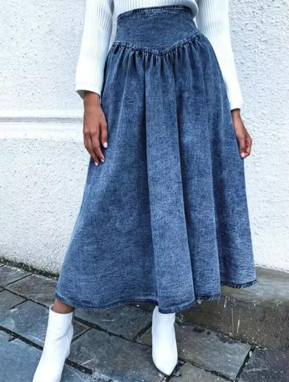 Jupe mi-longue en Denim pour femmes, couleur unie, taille haute, cintrée, Streetwear, décontractée, 