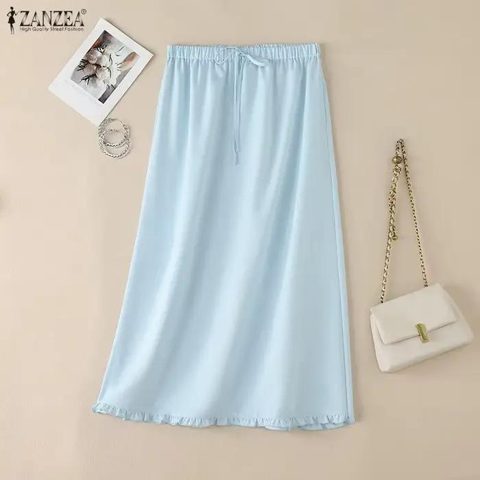 2026 ZANZEA Jupe Midi Femme Décontractée à Taille Élastique, Style Vintage, Unie, Ample, Élégante, à