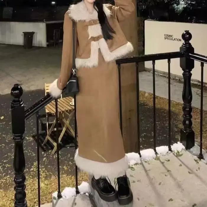 Manteau kaki avec jupe de costume en coton pour femme, petite jupe coréenne de Style parfumé, ensemb