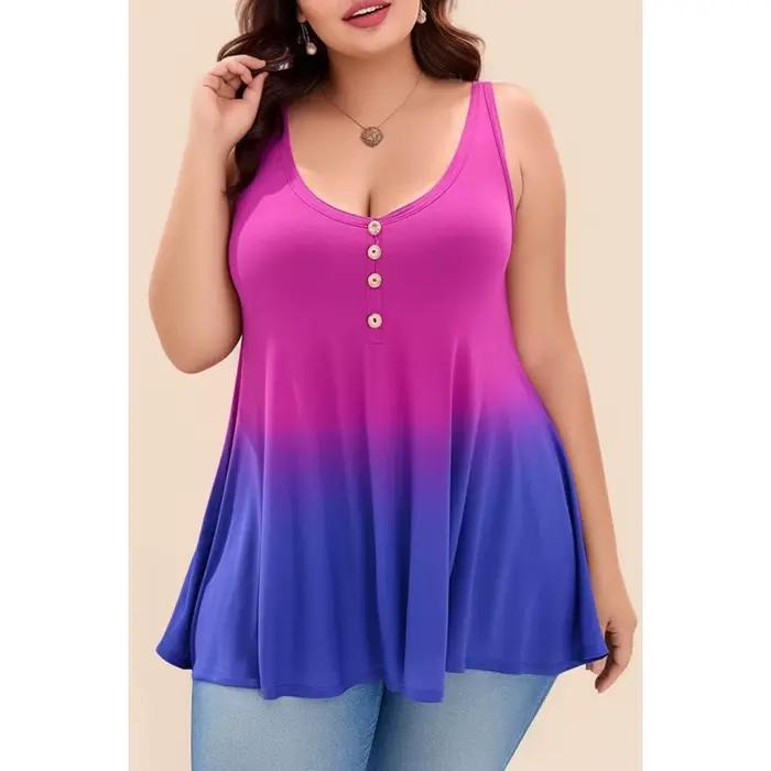 Grande taille tous les jours décontracté rose violet dégradé couleur tunique boutons décor col rond 