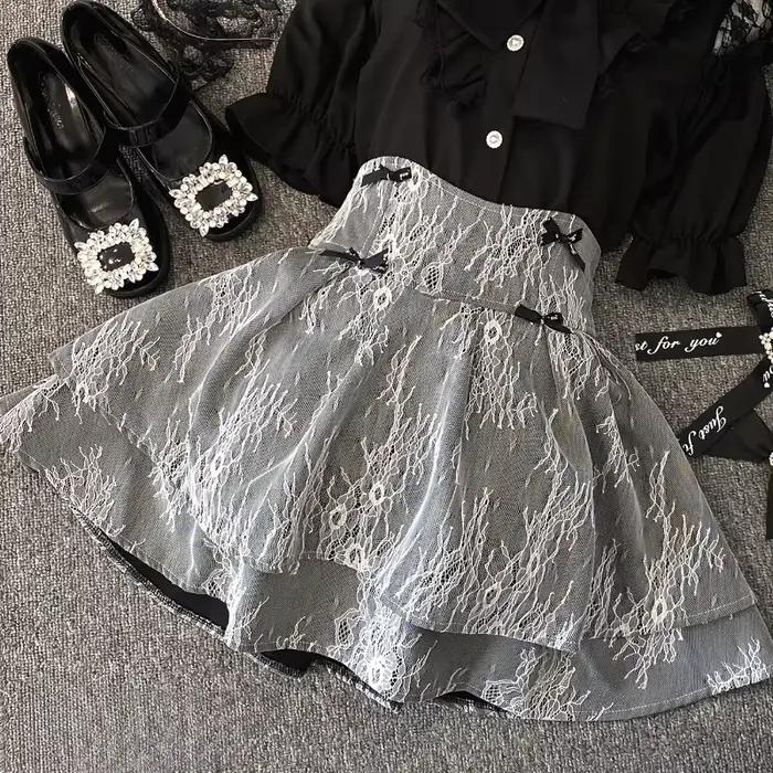 Japonais dentelle arc gonflé jupe courte lycée jupe courte fille Cosplay mauvaise fille taille haute