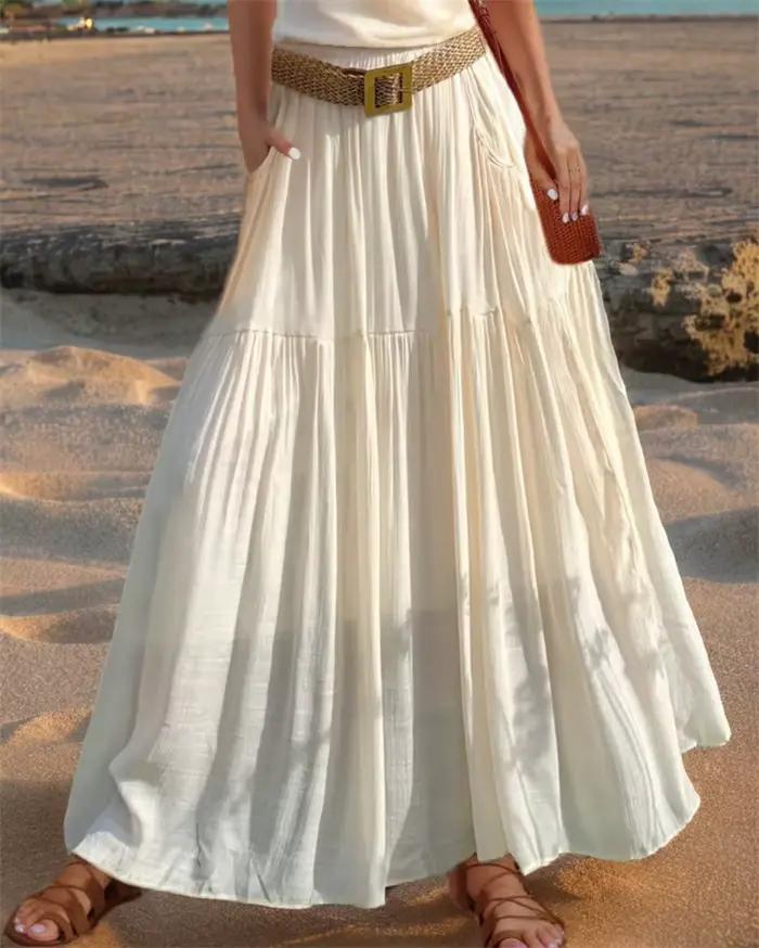 Jupe longue élastiquée unie à taille élastique et ourlet ceinturé pour femme, nouvelle collection ét