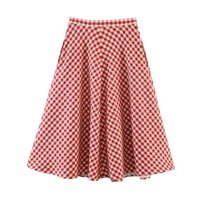 Jupe midi trapèze rouge à carreaux pour femme 2026 – Taille haute, ourlet évasé, jupe décontractée d