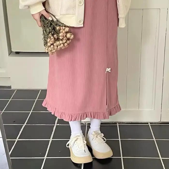 Nouveau 2025 jupe rose femmes automne hiver ample fendu japonais mignon Design jupe Midi pour femme