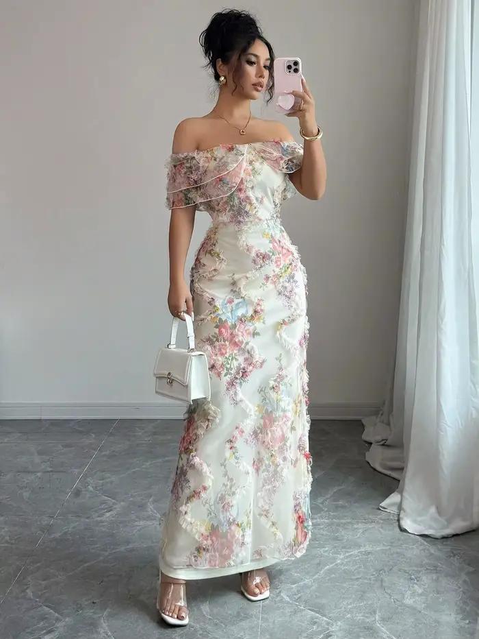 Robes pour femmes robe à volants élégante et romantique dames Sexy épaules dénudées ajustée maille r