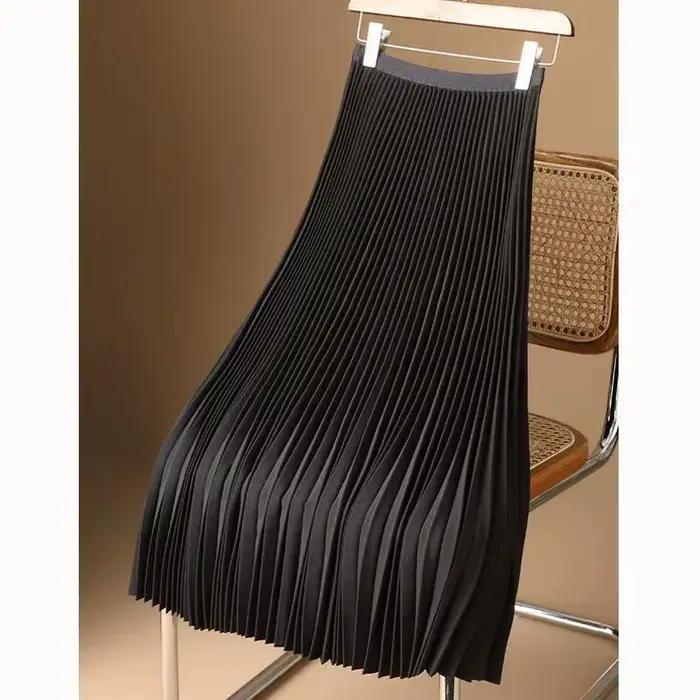 Jupe mi-longue plissée taille haute pour femme, jupe trapèze, jupe longue, satin lisse, ceinture éla