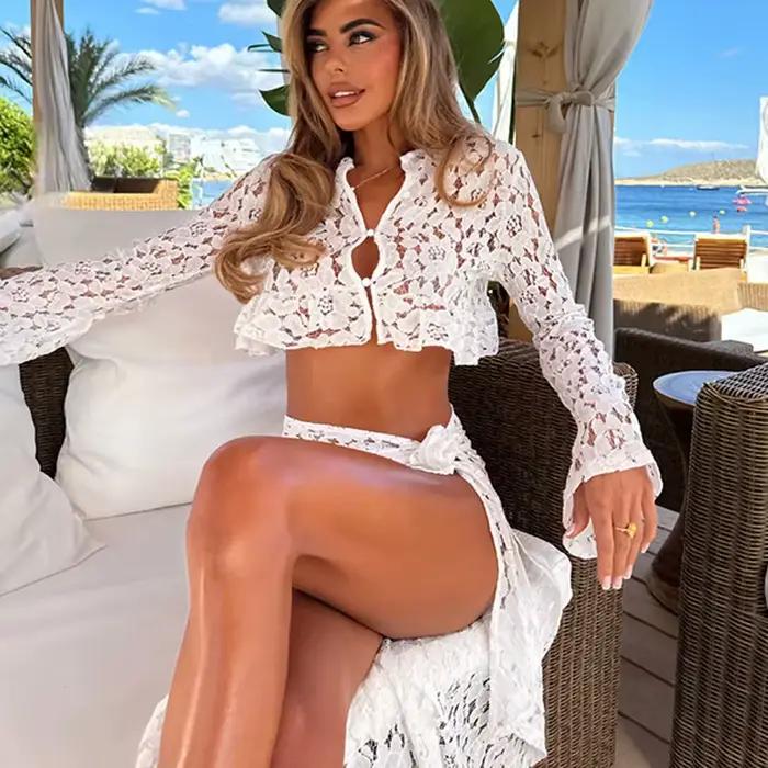 Hirigin Sexy dentelle jupe ensembles femmes manches évasées haut court fente pansement jupes longues