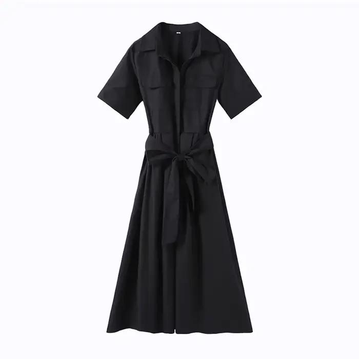 Robe longue élégante noire pour femme avec lacets, manches courtes, poches, ceinture et col rabattu 