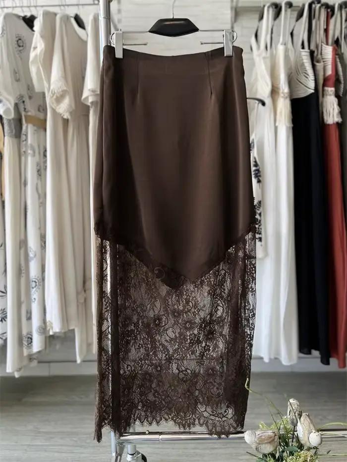Trendix femmes Patchwork dentelle jupes 2025 nouvelle taille haute mince évider Maxi jupes automne m