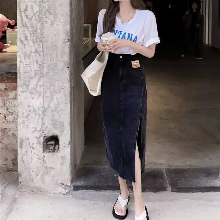 Jupe crayon longue en denim pour femme, vêtements formels, jupes maxi, fermeture éclair de bureau, b