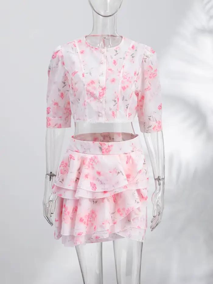 Ensemble jupe et haut pour femme, imprimé floral, deux pièces, haut court rose à manches bouffantes,