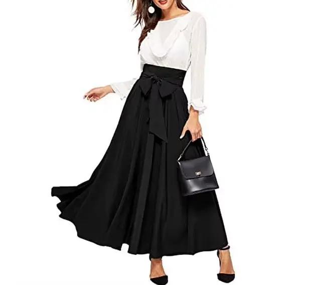 Jupe longue plissée taille haute pour femme 2026, élégante, à lacets, unie, décontractée, pour le qu