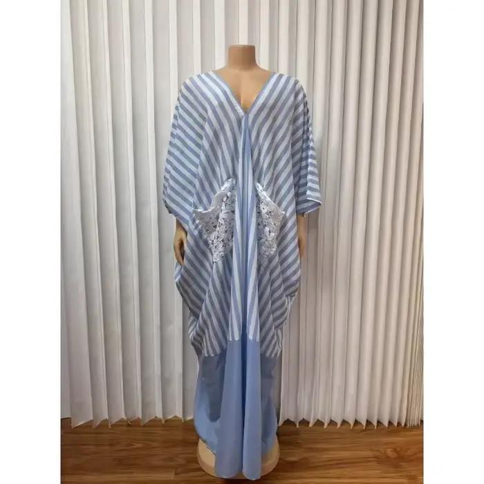 Robe longue pour femmes, élégante et décontractée, à manches courtes, coupe ample, col en V, rayée, 
