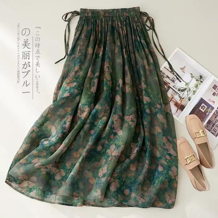 Jupe taille haute en coton et lin pour femmes, imprimée, rétro artistique, à lacets, décontractée, d