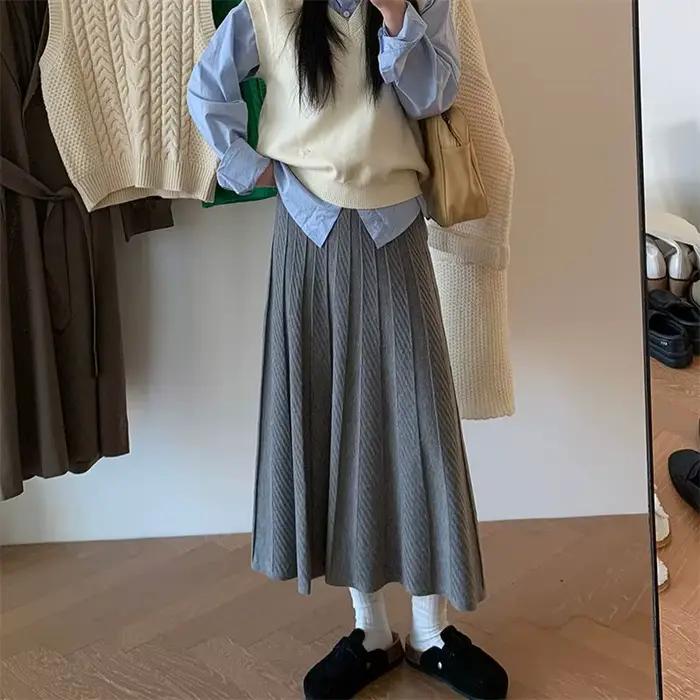 Demi-jupe tricotée à cent plis pour femme en automne et en hiver, longueur moyenne à longue, fine et