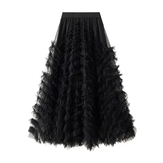 Jupe Maxi en Tulle à Plusieurs Niveaux pour Femme, Longue en Maille Rose, Taille Haute, Élégante, No
