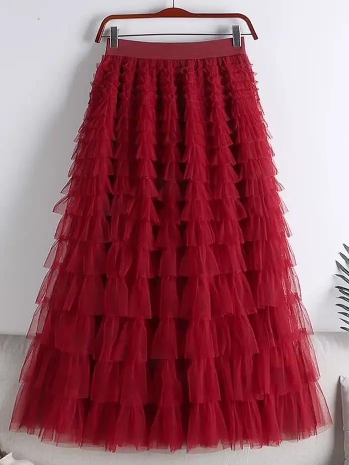 LANMREM mode maille jupe femmes taille haute a-ligne gaze épissé couleur unie jupes amples polyvalen
