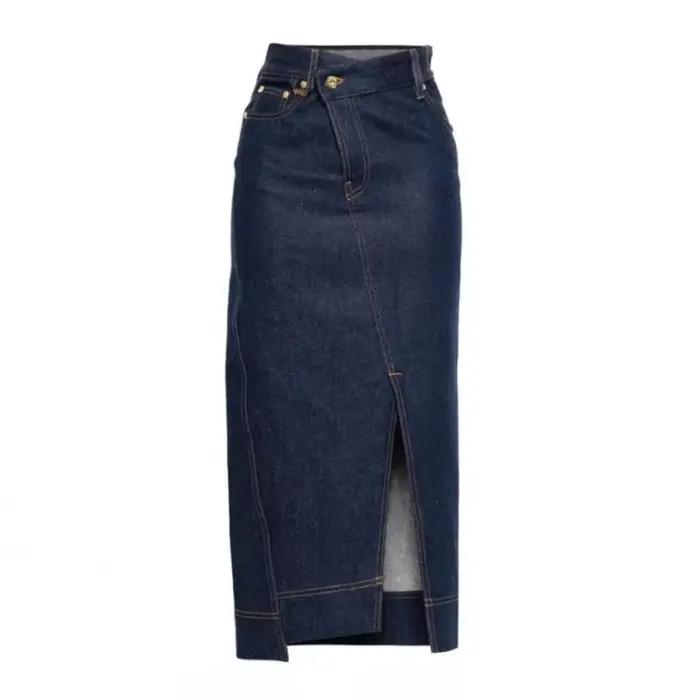 Mini jupe en jean mi-longue pour femmes, élégante, taille haute, amincissante, fente latérale, Style