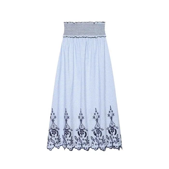 Jupe longue smockée à taille haute pour femme, motif gingham bleu et blanc, broderie florale à l'our
