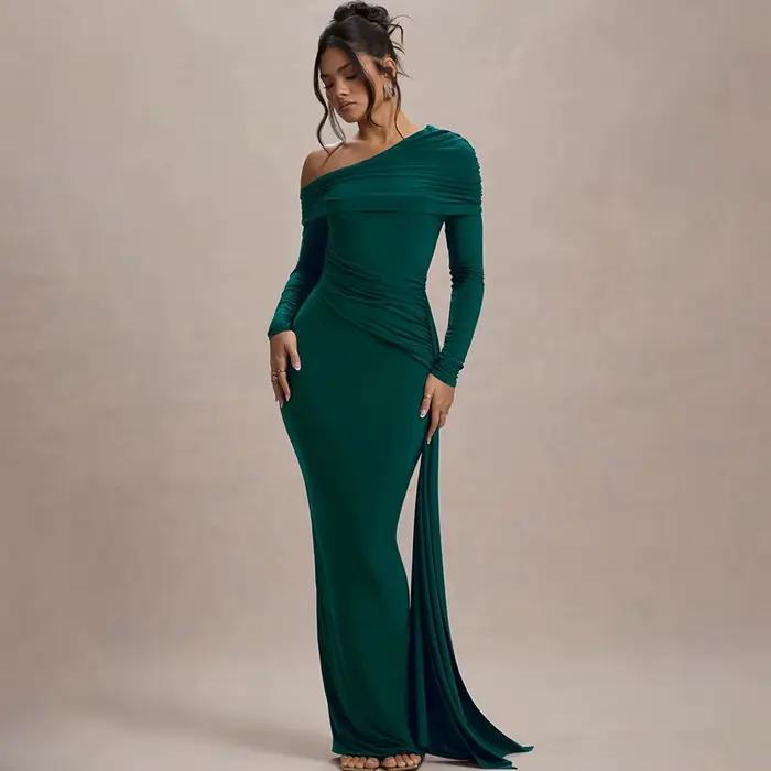 Robe pour femme de style européen et américain, à col asymétrique, manches longues, élégante, sexy, 