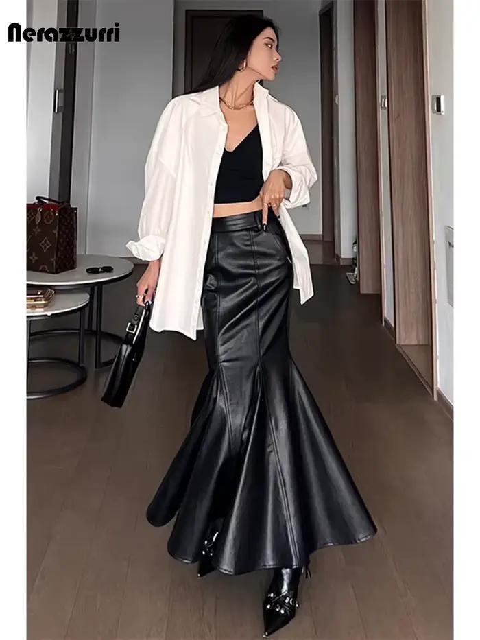Lautaro printemps Chic élégant noir doux Pu cuir Midi sirène trompette jupe femmes taille haute Extr