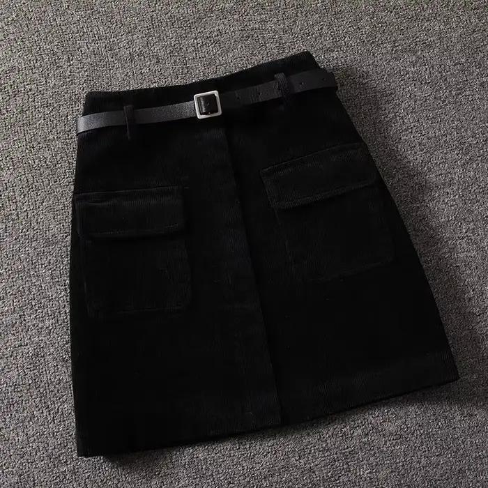 Velluto côtelé taille haute tout-match solide Vintage a-ligne jupe automne hiver poche Patchwork déc