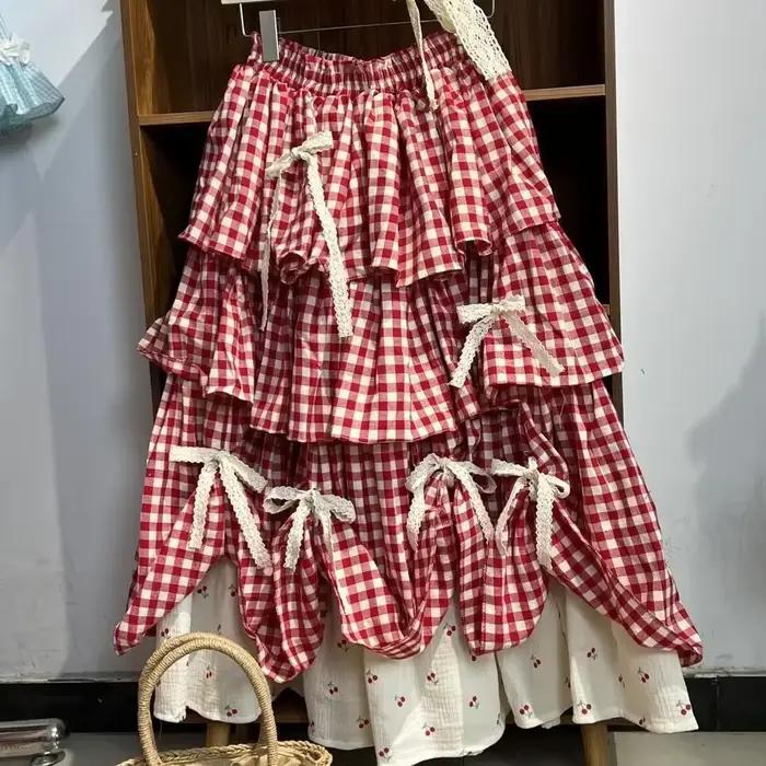 Jupes à carreaux imprimées avec nœud Long, rouge et bleu, Y2k, mode coréenne, vêtements Vintage, jup