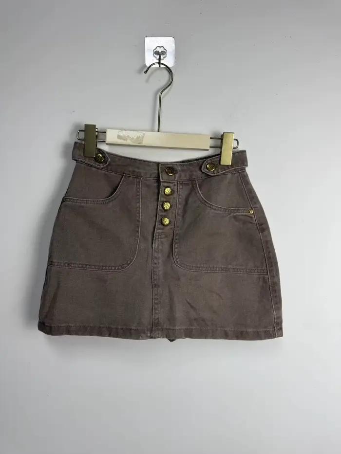 Jupe en jean taille haute couleur café coupe trapèze pour femme, été 2026, ajustée avec boutons et e