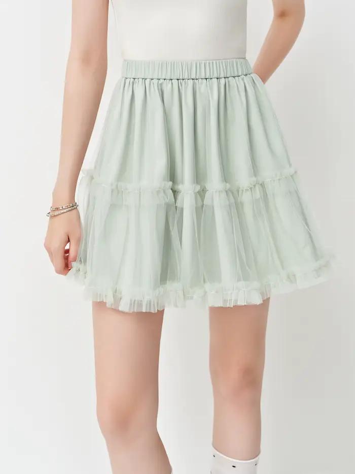 Jupe trapèze en tulle style français vert FSLE, nouvelle collection été 2026, taille élastique, doub