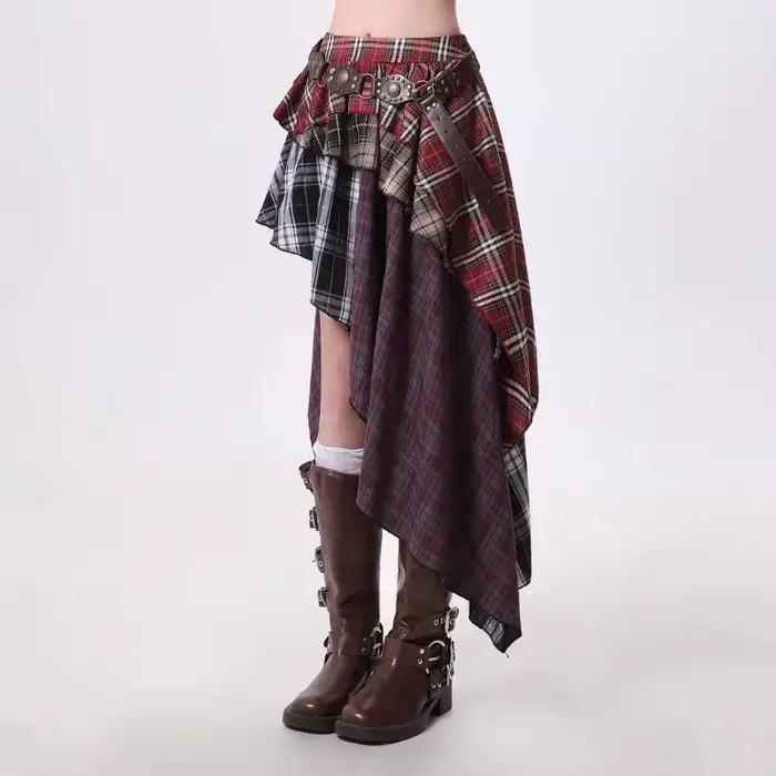 Jupe mi-longue à carreaux irréguliers pour femmes au printemps et en été, douce et fraîche, fille ép