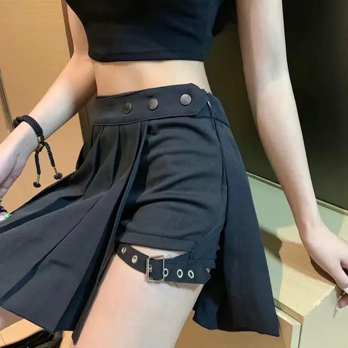 Jupe gothique sexy pour femmes, taille haute, plissée, punk, noire, été, avec objectifs